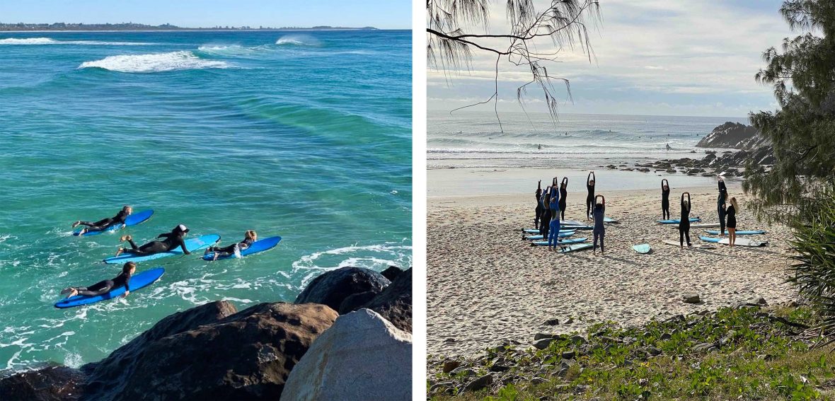 Left women paddling out on their surfboards. Right: warming up to surf with stretches on the sand.