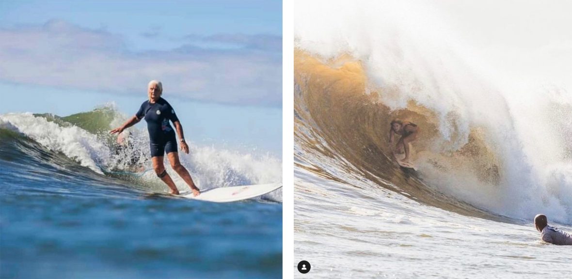 Left and right: Two different women surf waves.