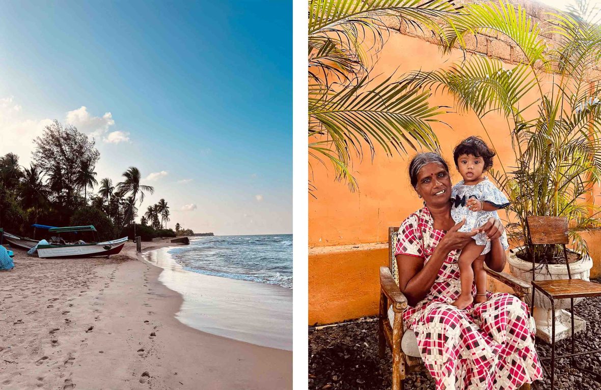 Left: A palm fringed beach. Right: A woman with a baby on her lap sit in front of an orange wall.