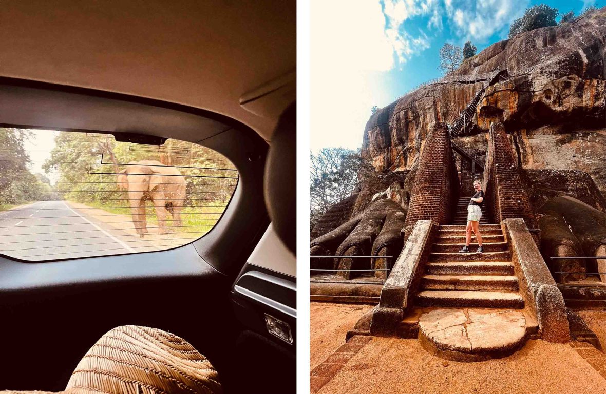 Left: An elephant is visible through the car window. Right: A pregnant woman ascends some stairs at Sigiriya.