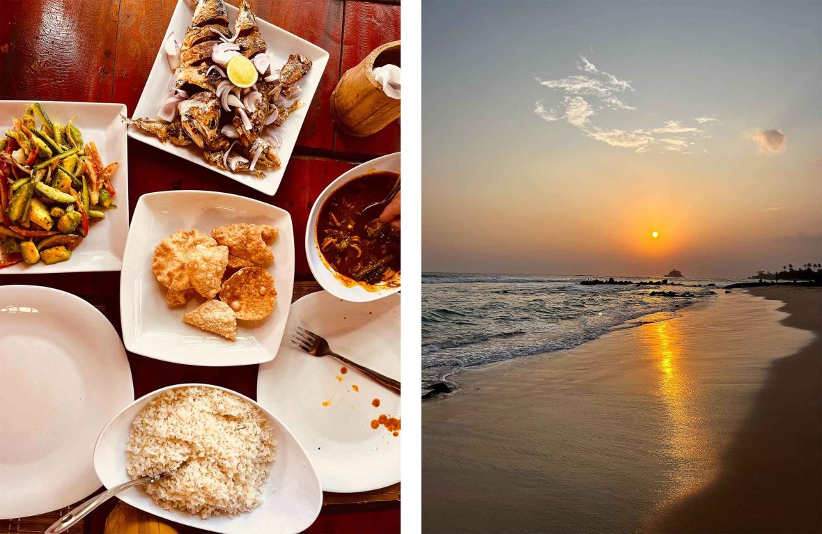 Left: A table of Sri Lankan food, seen from above. Right: A beach at sunset.