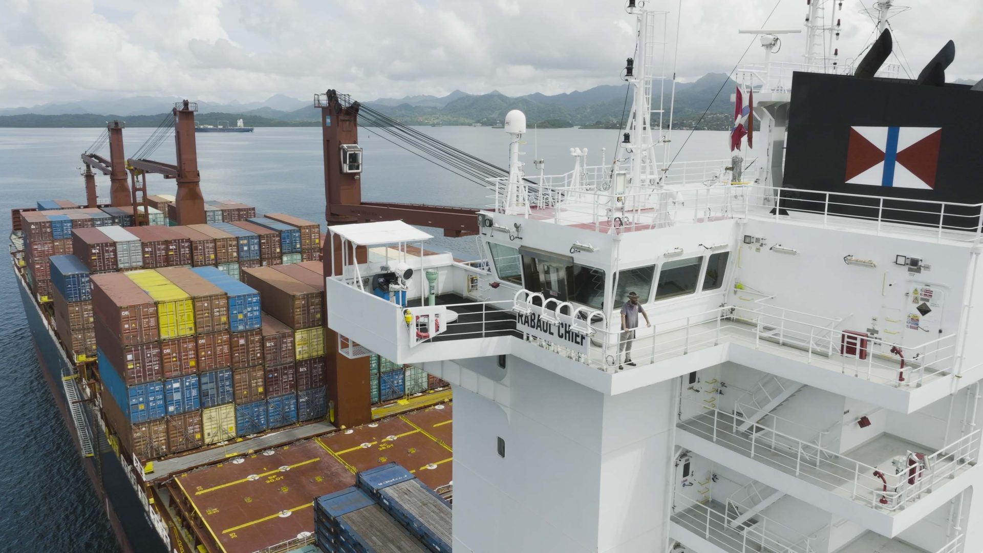 The small figure of Thor standing on the deck of a cargo ship in Fiji.