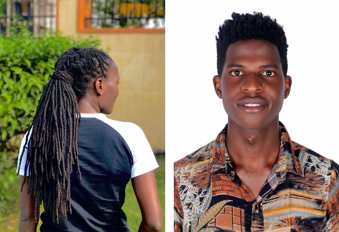 Left: The back of a woman who has her head turned to the right. She wears a blue and white t shirt and has long black braids. Right: A straight on portrait of a man in a collared short of earthy tones and patterns against a white backdrop. He stairs into the lens.