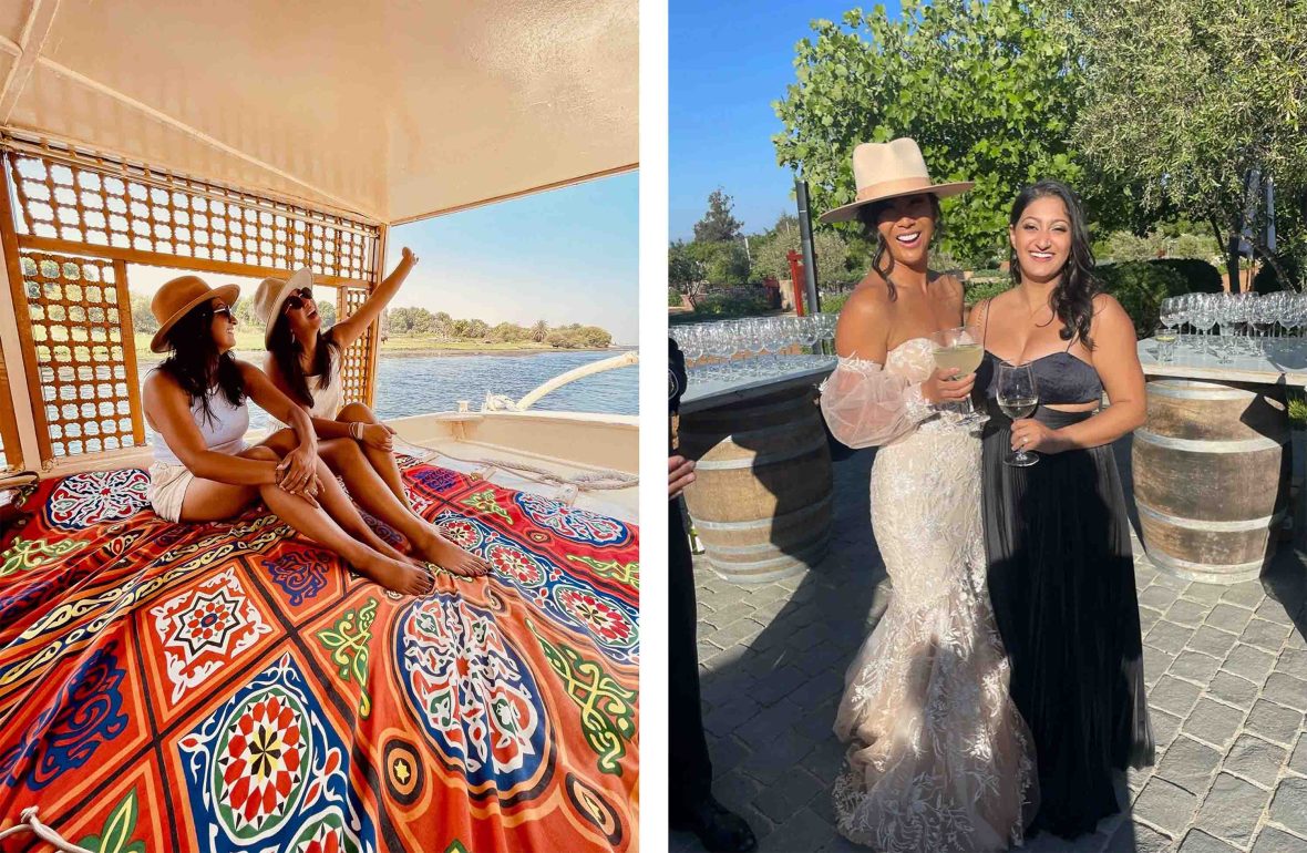 Left: Two friends on a feluca take a selfie. Right: The same two friends smile for a photo at a wedding.