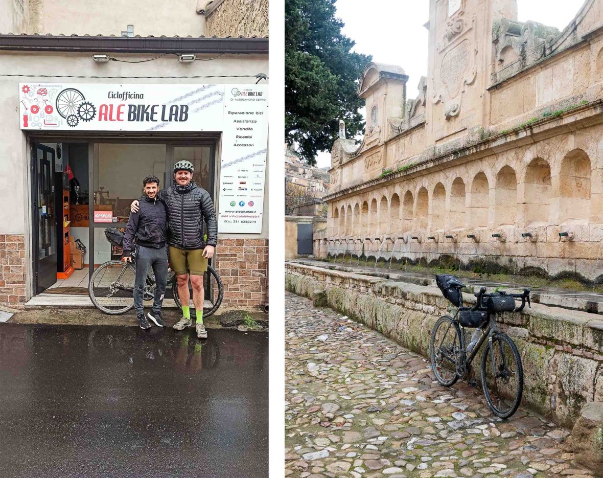 Left: The writer out the front of Ale Bike Lab. Right: A bike against an old stone wall.