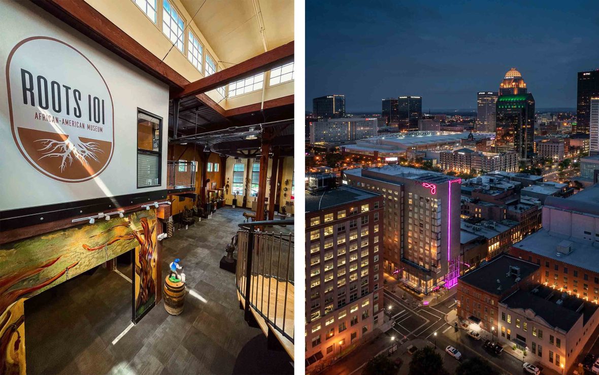 Left: The interior of the museum with its signage. Right: Louisville City at night.