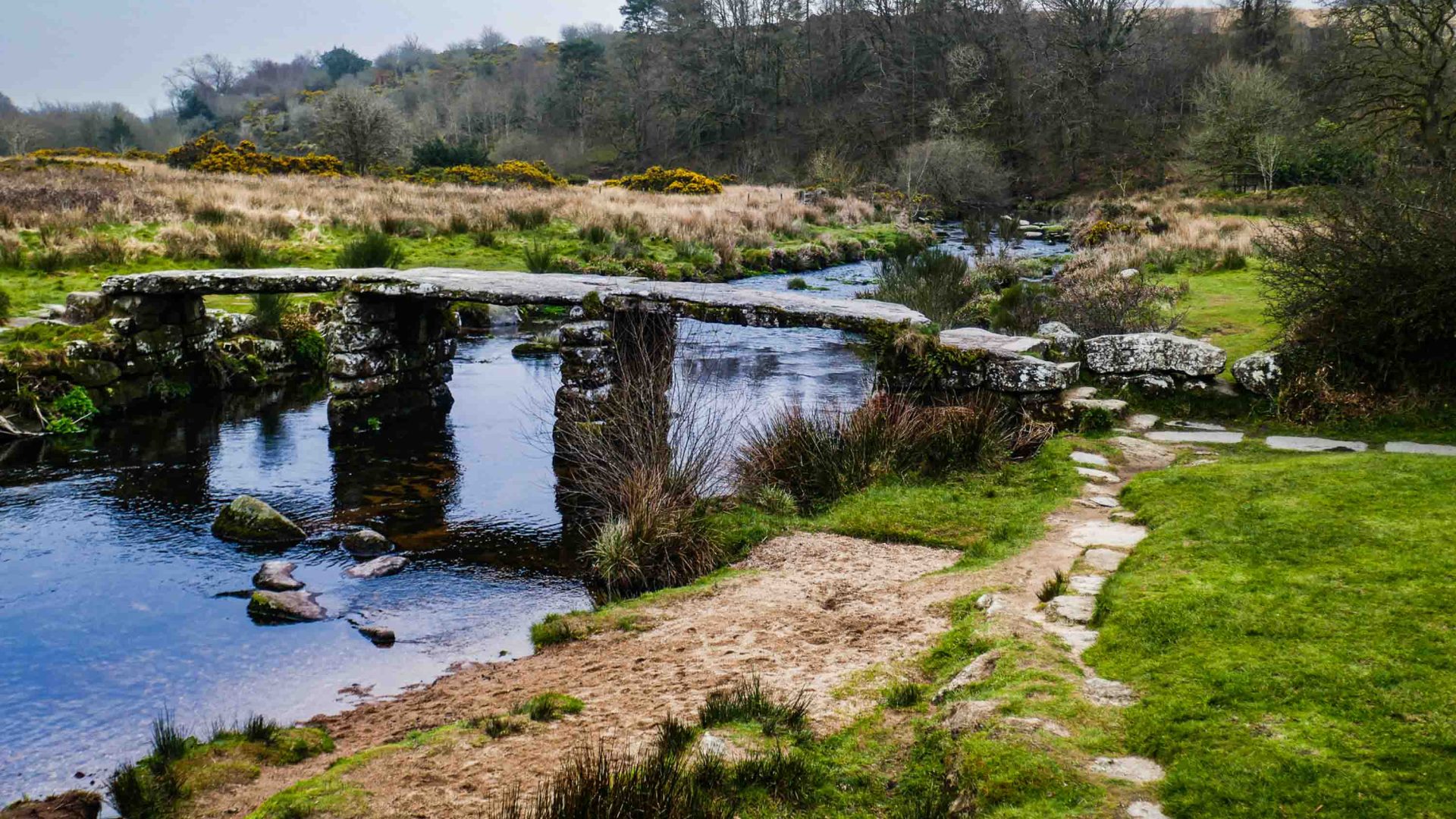 An ancient stone footbridge in Dartmoor.