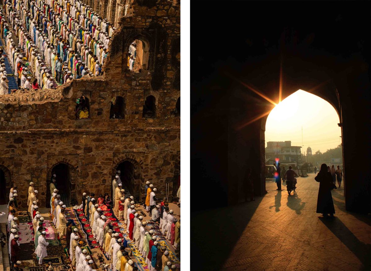 Locals in Pakistan. On the left devotees attend an Eid congregation, and on the right people walk through an arched entryway with sun streaming through.