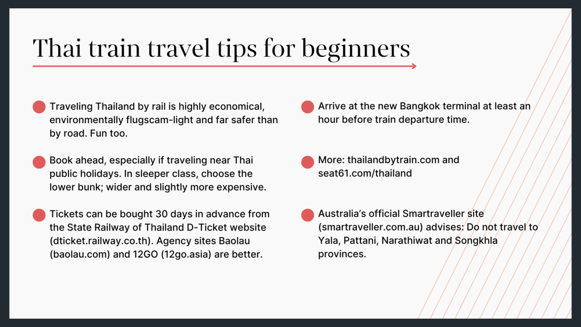 Travel tips for train travel in Thailand.