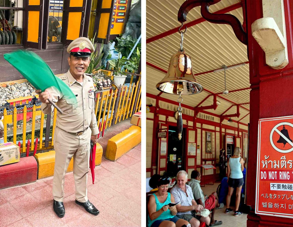 Left: A train conductor waves a green flag. Right: A bell at one of the train stations.