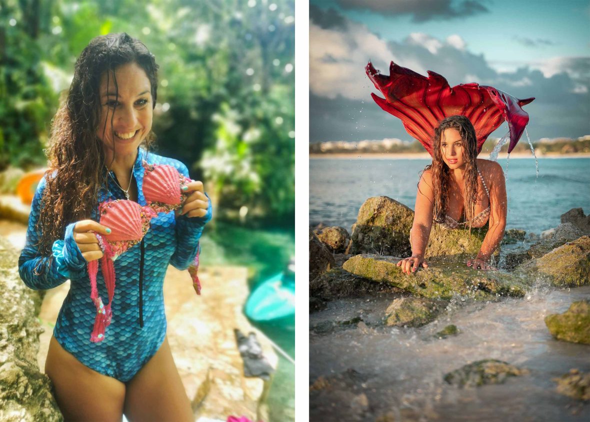 Left: The writer poses with some sea shells. Right: The writer poses as a mermaid on the rocks.