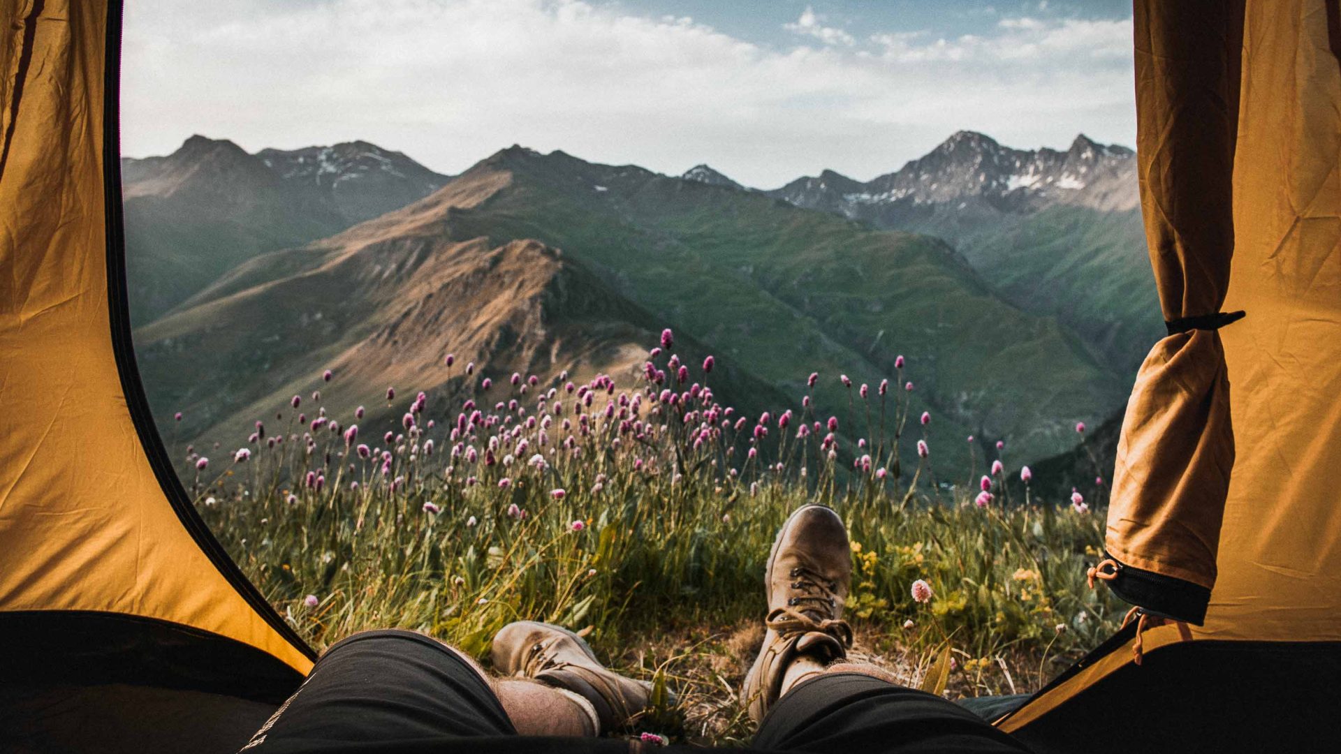 A persons feet are sticking out of a tent that has views over mountains and wildflowers.