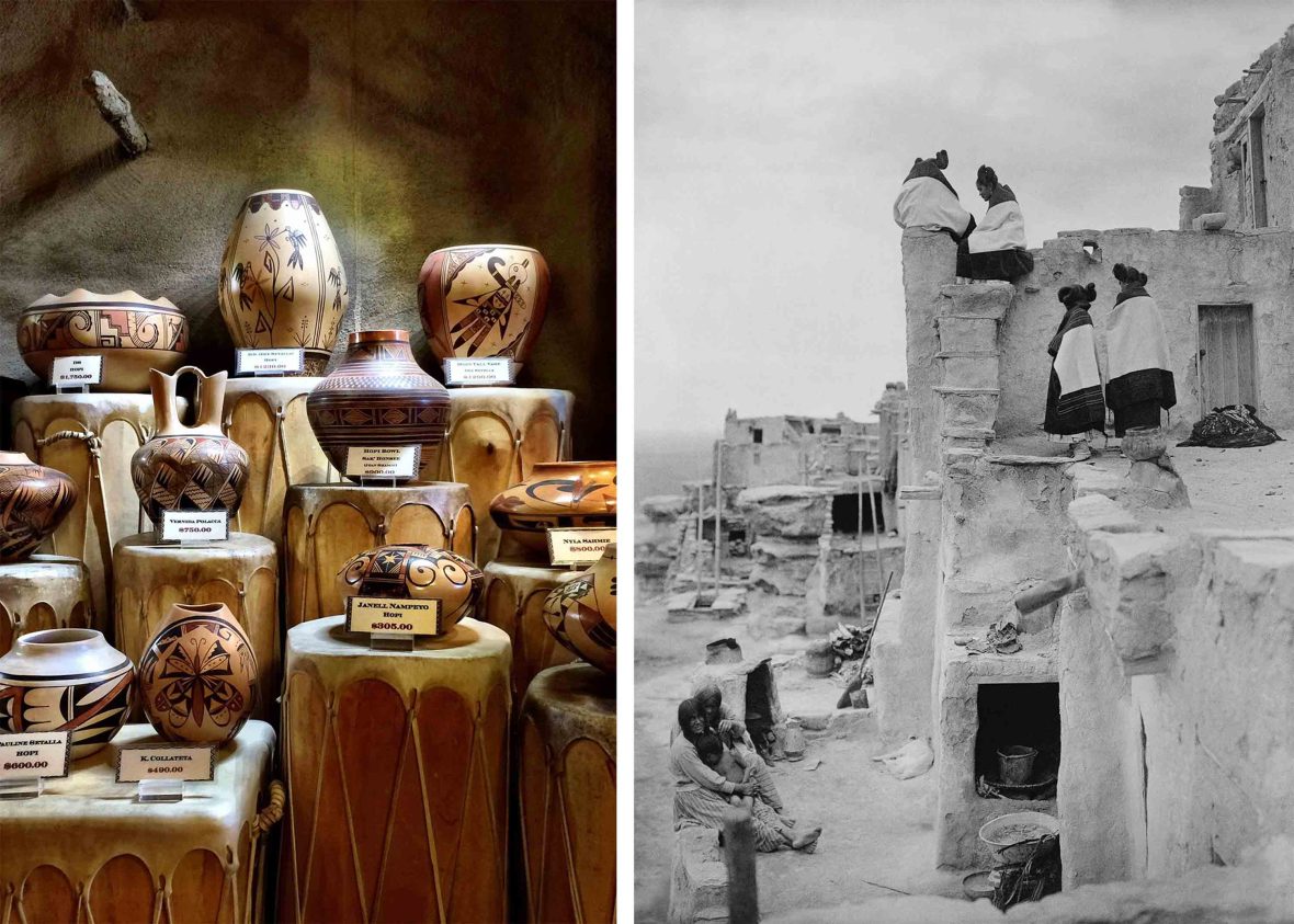Left: Pottery with Hopi designs on display, for sale. Right: An old black and white photo of Hopi women sitting and standing on traditional buildings.