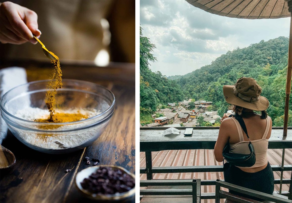 Cooking classes (left) and visiting local villages, like the one in Chiang Mai, Thailand, are often considered / manufactured as authentic experiences for travelers.