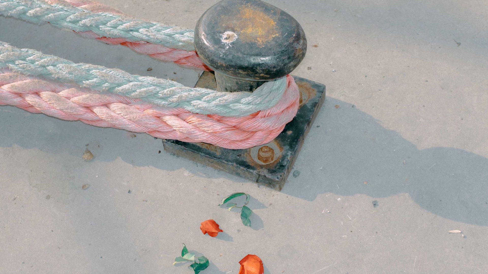 A red and a blue rope are tied onto a boat mooring.