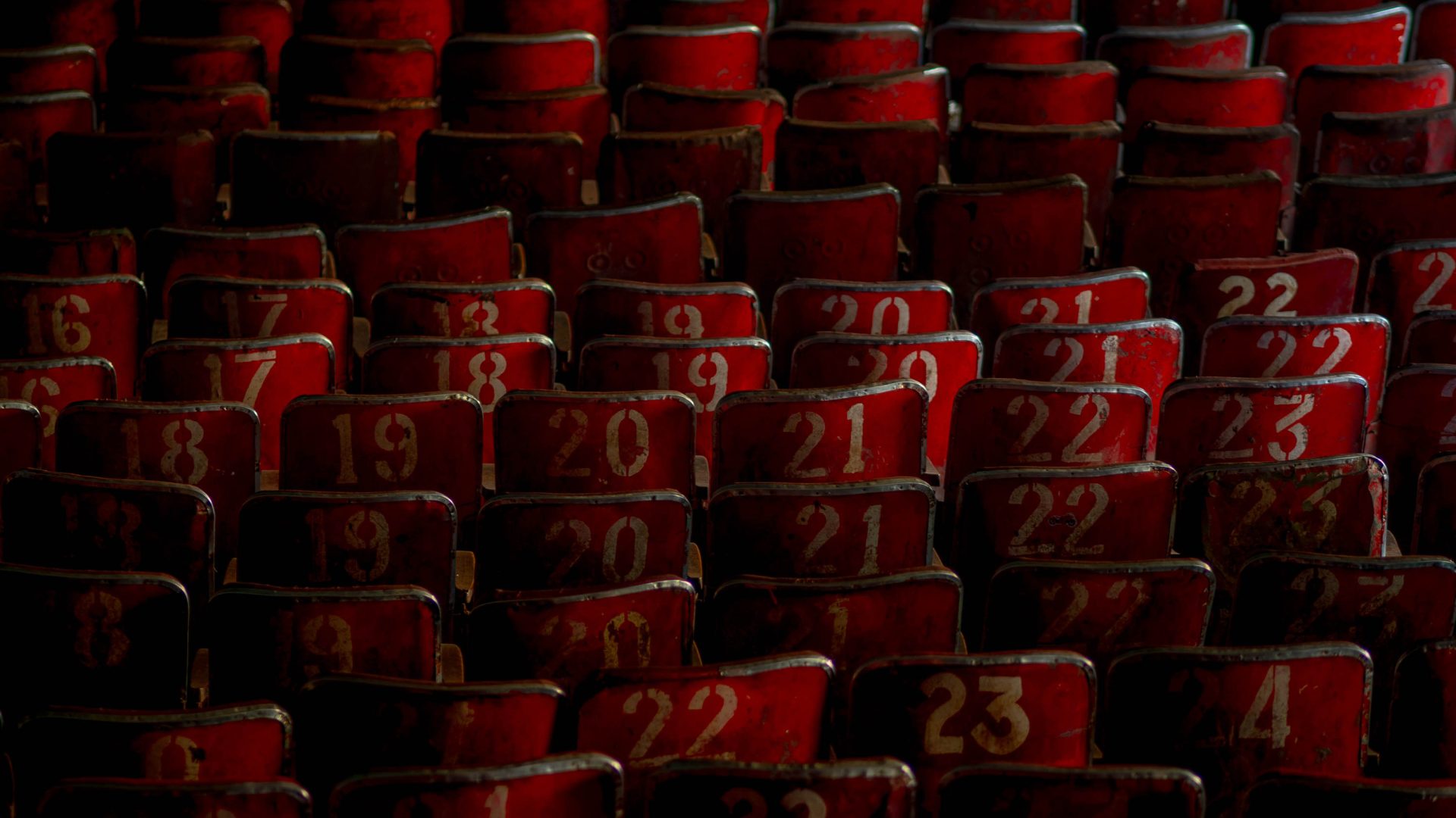 Rows of old red cinema seats.