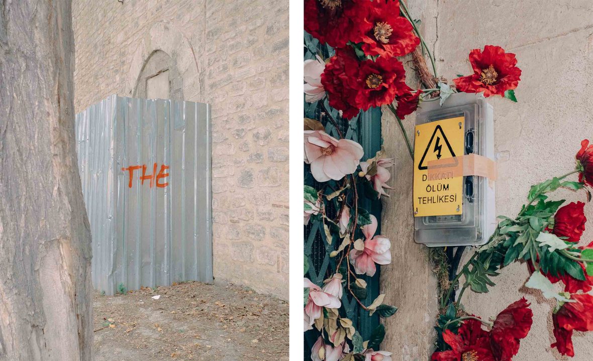 Left: A wall with the words "The" on it. Right: An electricity box surrounded by plastic flowers.