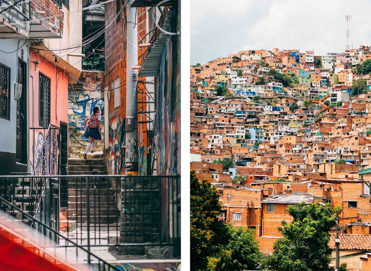 Left: a young girl runs up a narrow and colorful street. Right: Colorful houses are squeezed together on a hillside.
