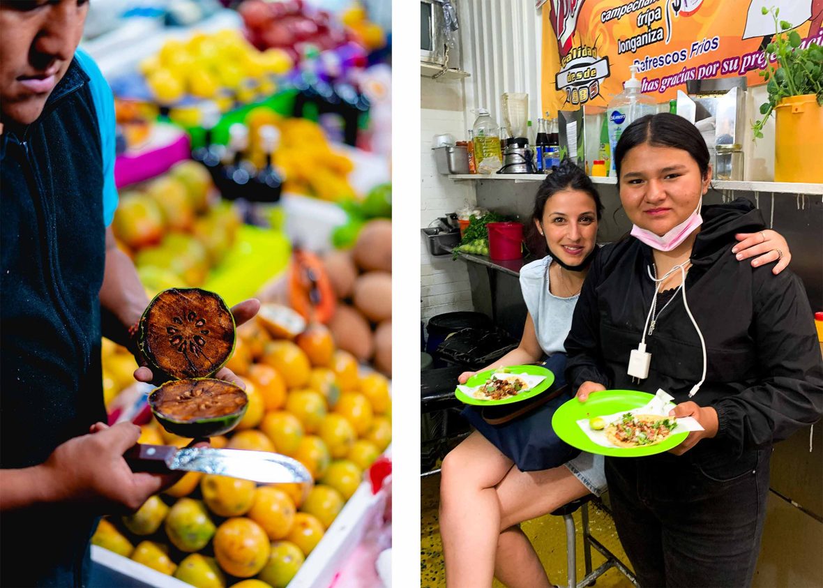 Left: A fruit vendor cuts some fruit. Right: Some 80IQ girls on the tour.