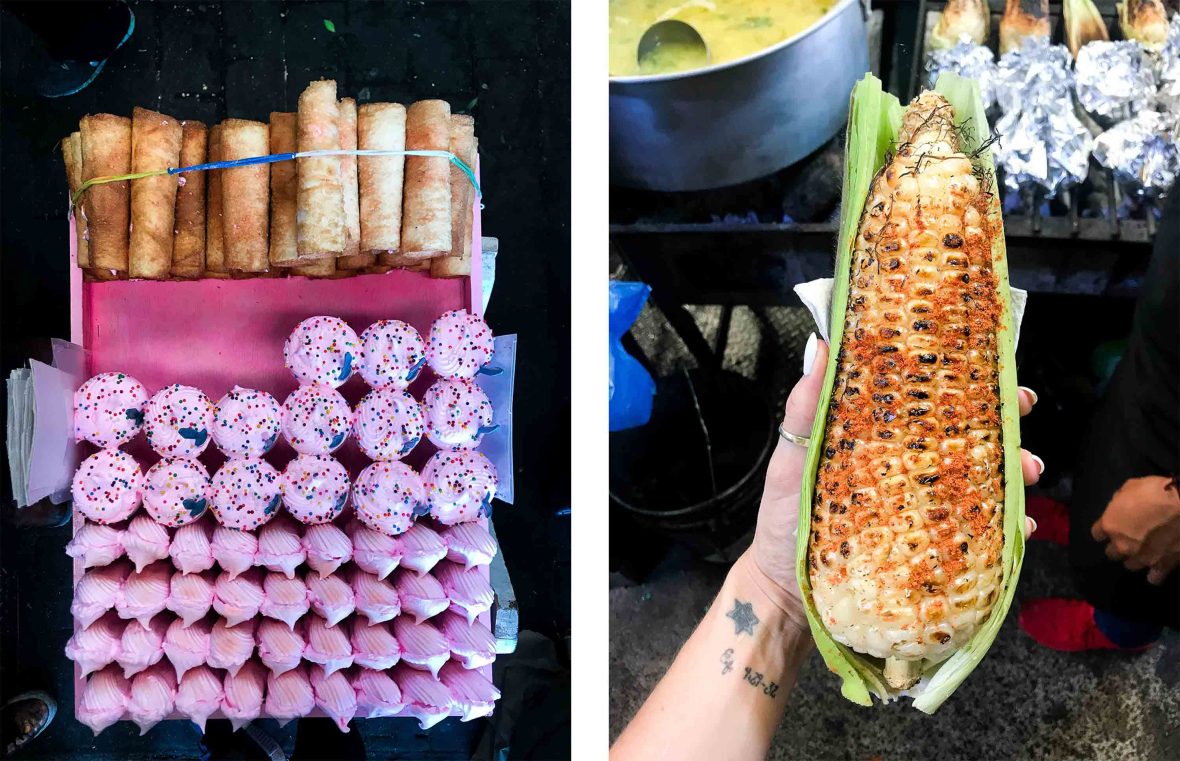 Left: Pink Merengues and gaznates Right: Cacahuazintle corn being held in a hand.