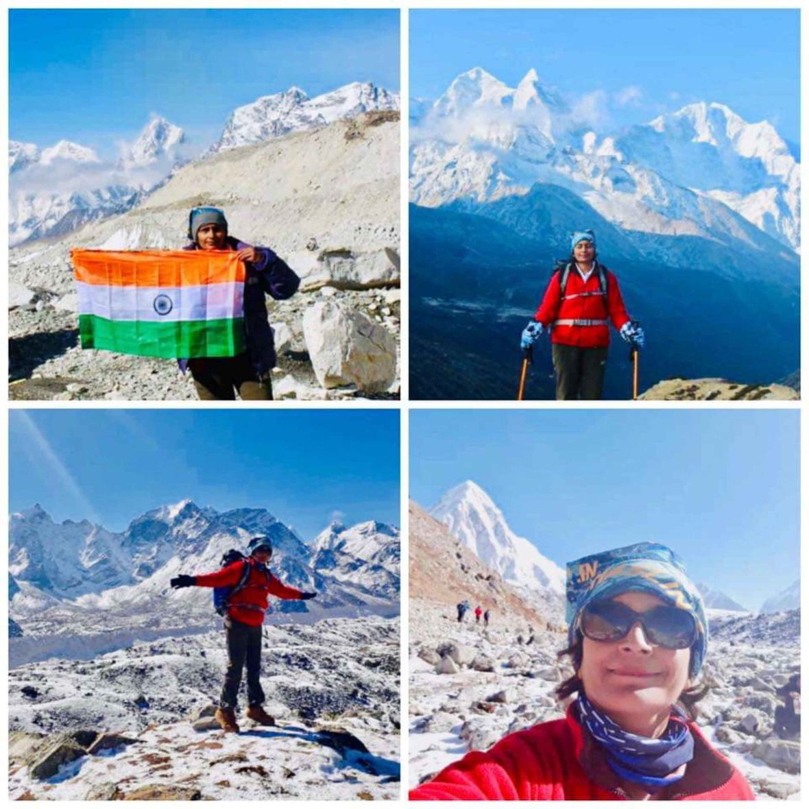 Four photos showing Preeti at Everest Base Camp.