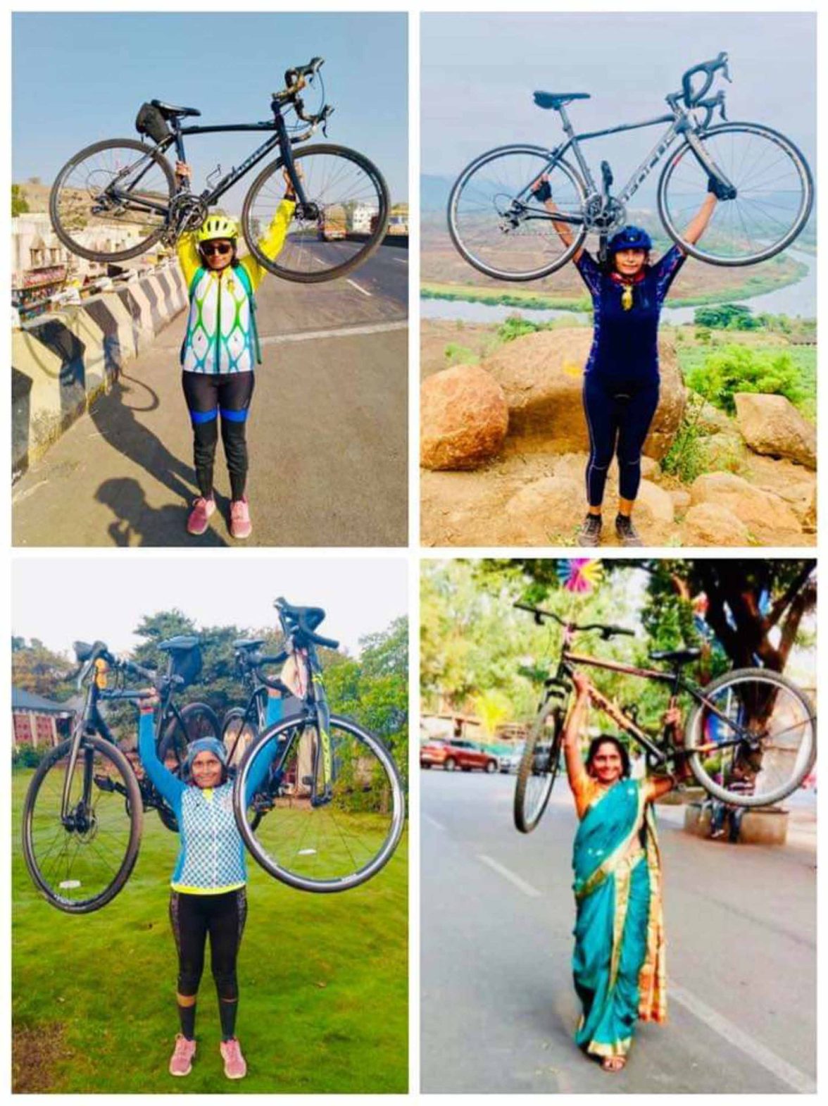 Four photos showing Preeti holding up her bicycle in moments where she has achieved success in her ride.