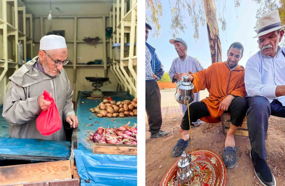 Moroccan resilience is demonstrated in people carrying on - serving tea, selling food, showing hospitality.