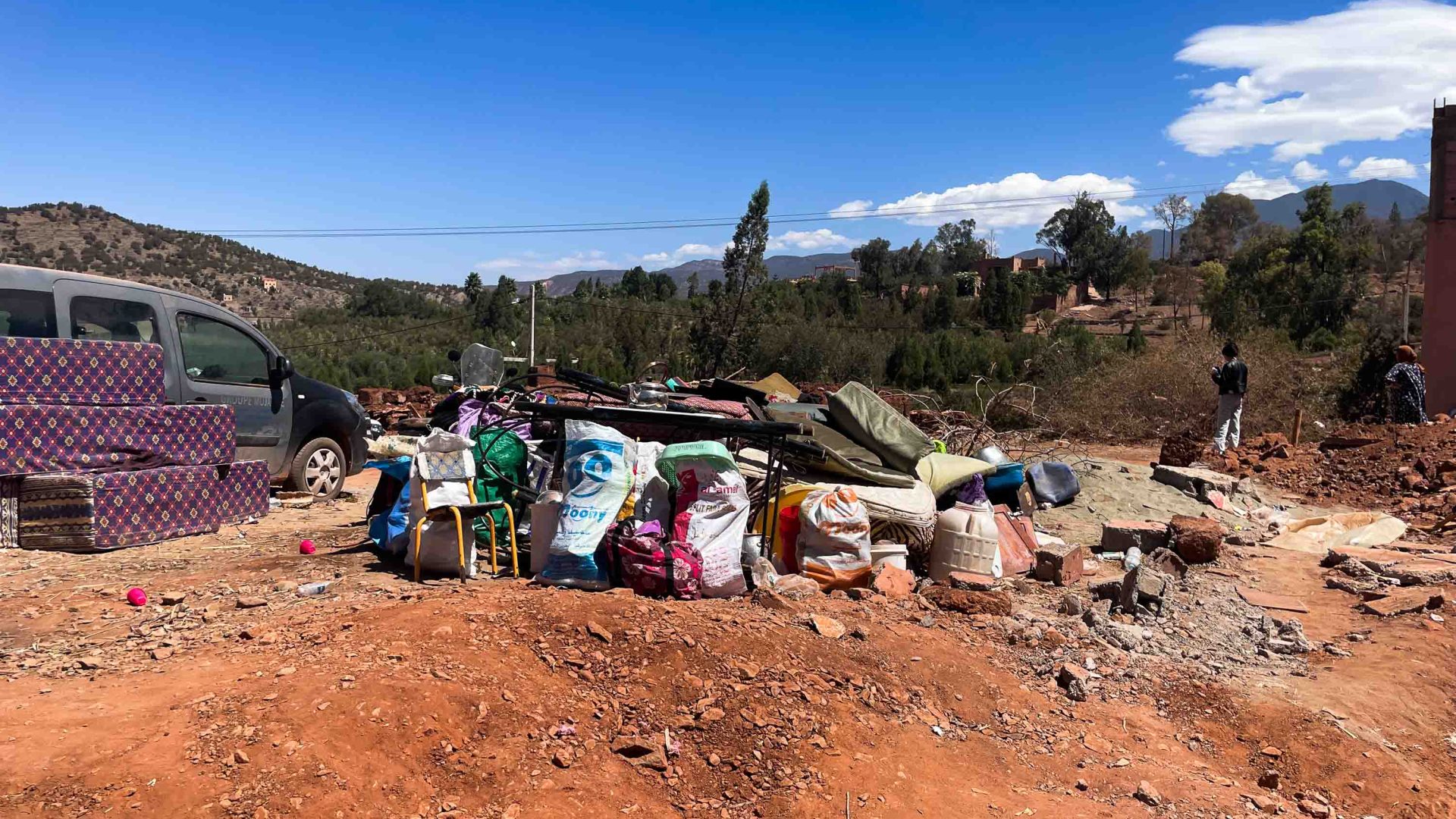 Peoples belongings in a pile outside in Ouirgane.