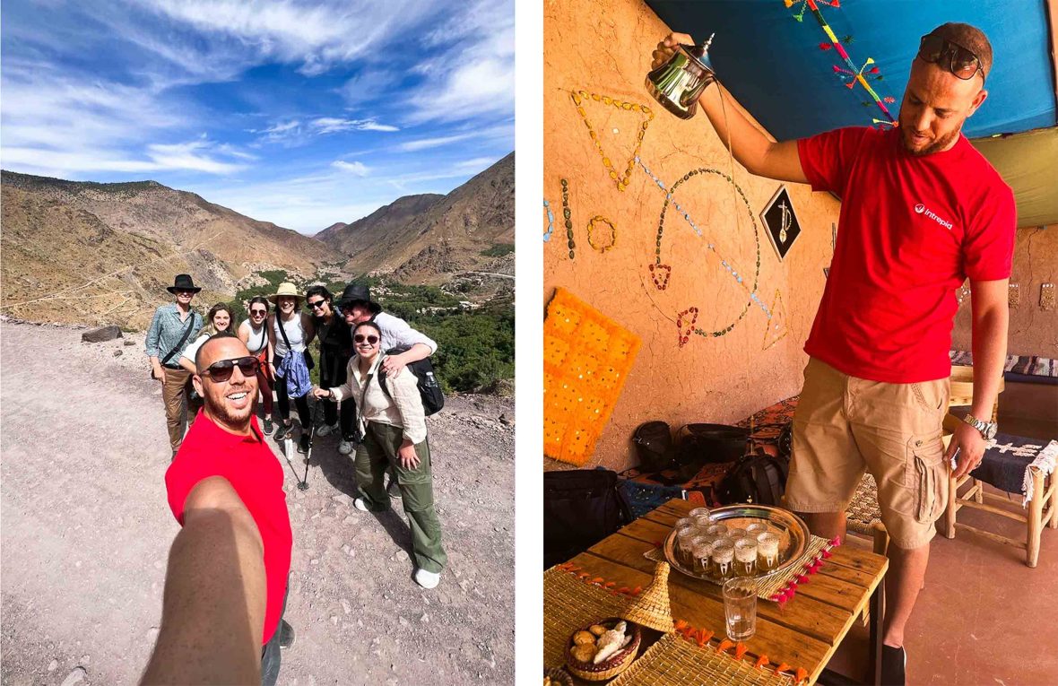 Left: Brahim Hanaoui with his tour group in Morocco. Right: Brahim Hanaoui pours traditional tea.