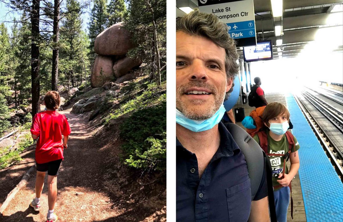 Left: A young boy in red walks away from the camera through some trees. Right: The writer and his son both pose for a selfie at a train station.