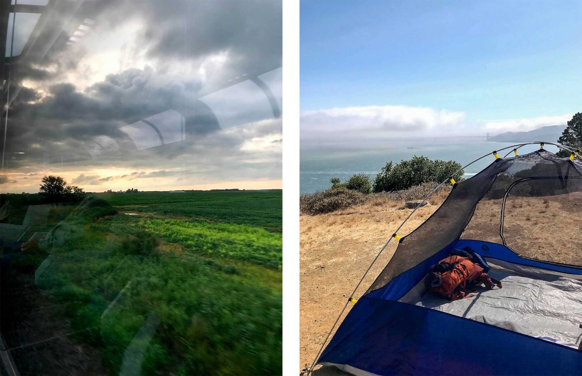 Left: Green fields from a train window. Right: A blue tent overlooking the sea.