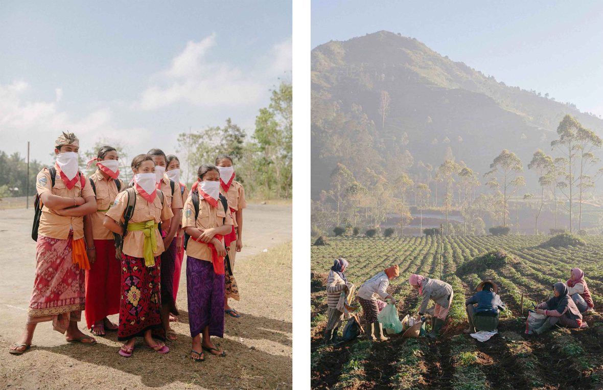 Left: A group of students in red school uniforms wear masks. Right: Farmers sow a field with a volcano in the background.