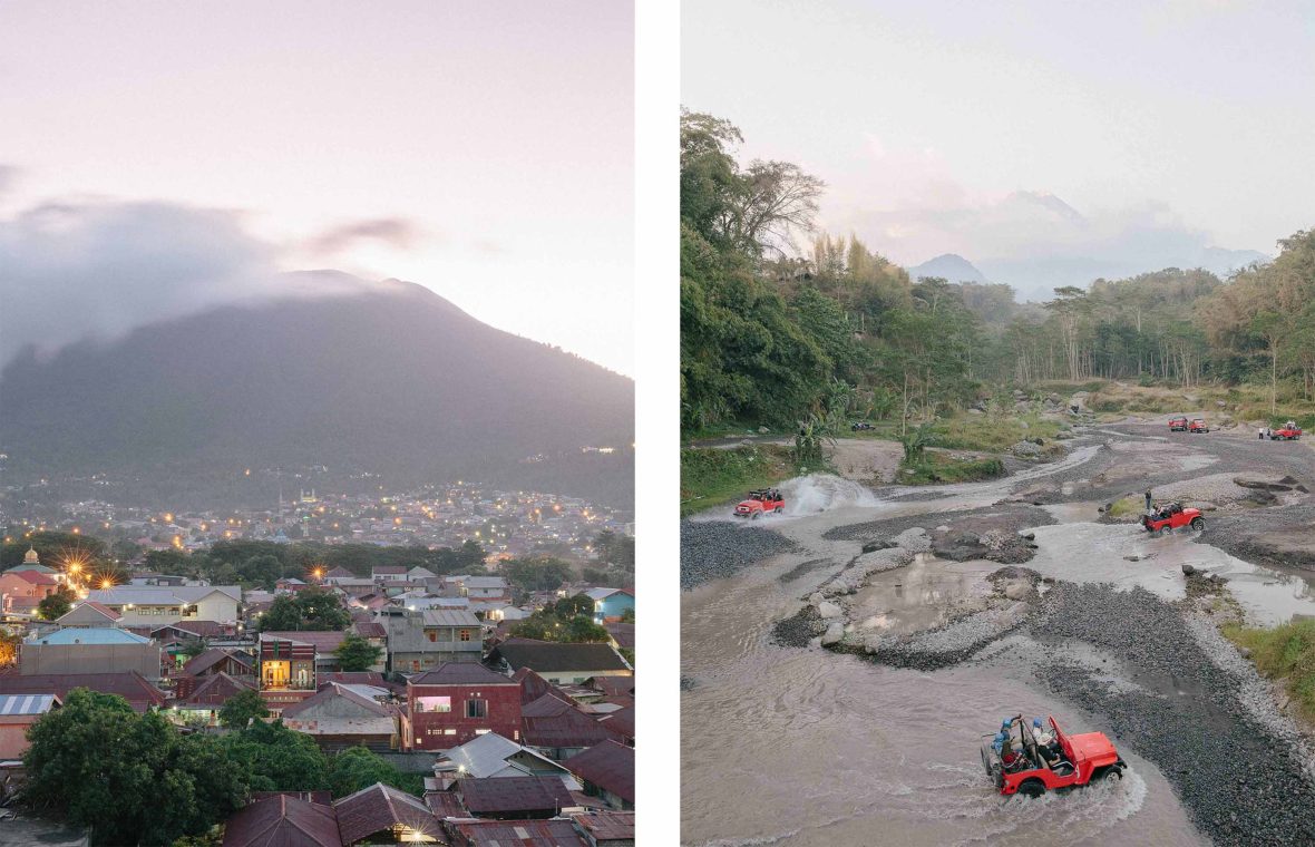 Left: A volcano looms over a town. Right: Jeeps circle around mounds of lava.
