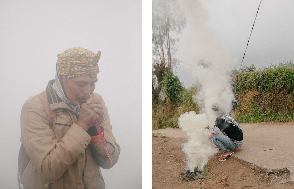 Left: An ash covered man prays. Right: A boy tries to get warm by a small bonfire.