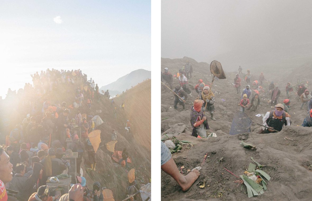 Left: Crowds flock to a crater and pray. Right: Lots of people climb up an ashy volcano, many holding nets, trying to catch an offering.