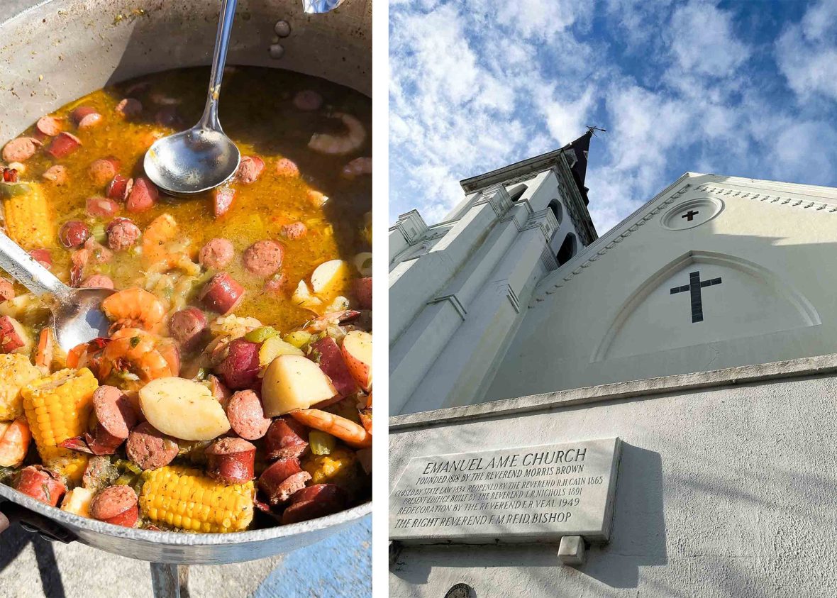 Left: A typical stew in a big pot. Right: Looking up at a white church.