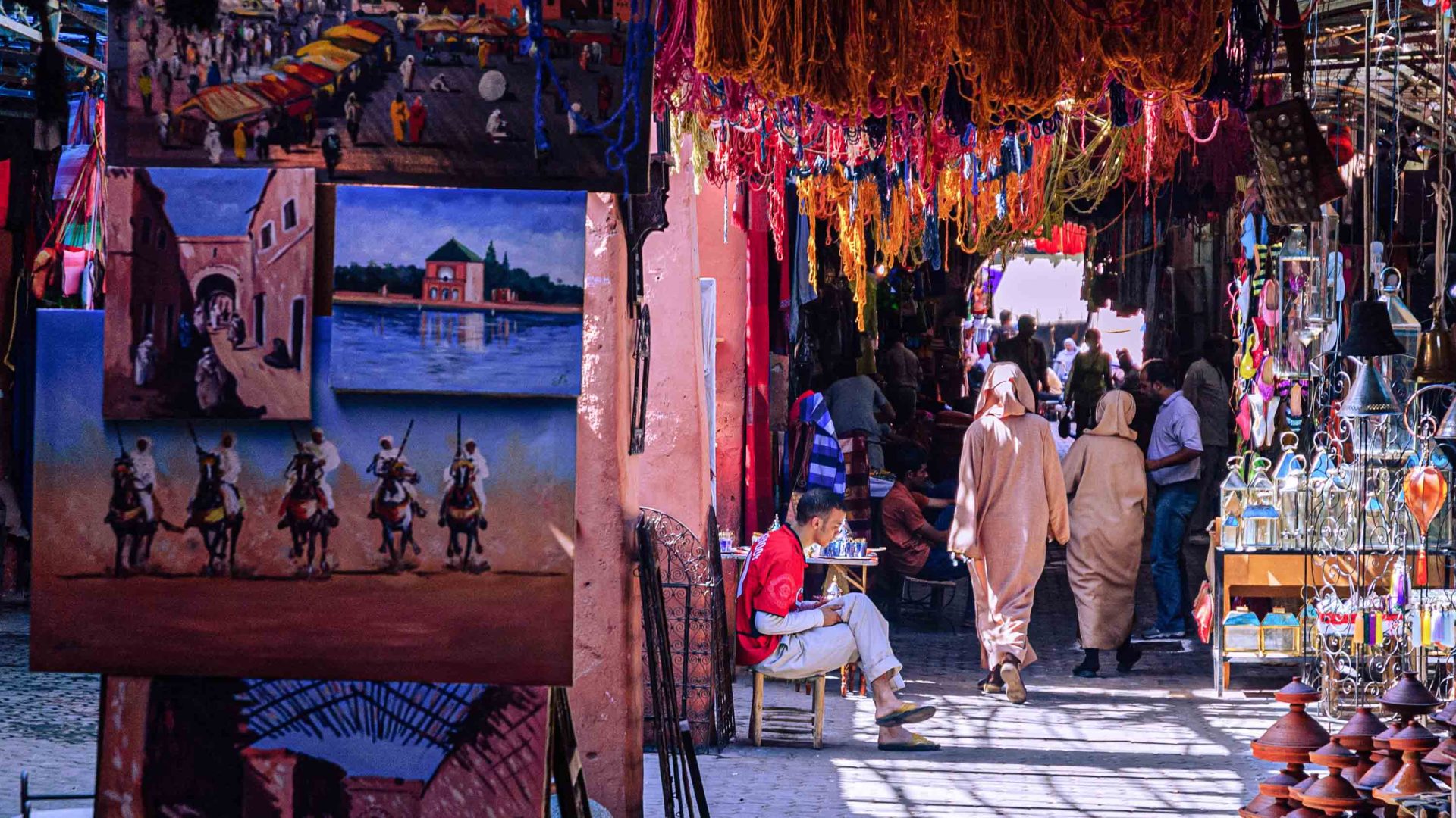 Colourful paintings and wares at the Medina in Marrakech.