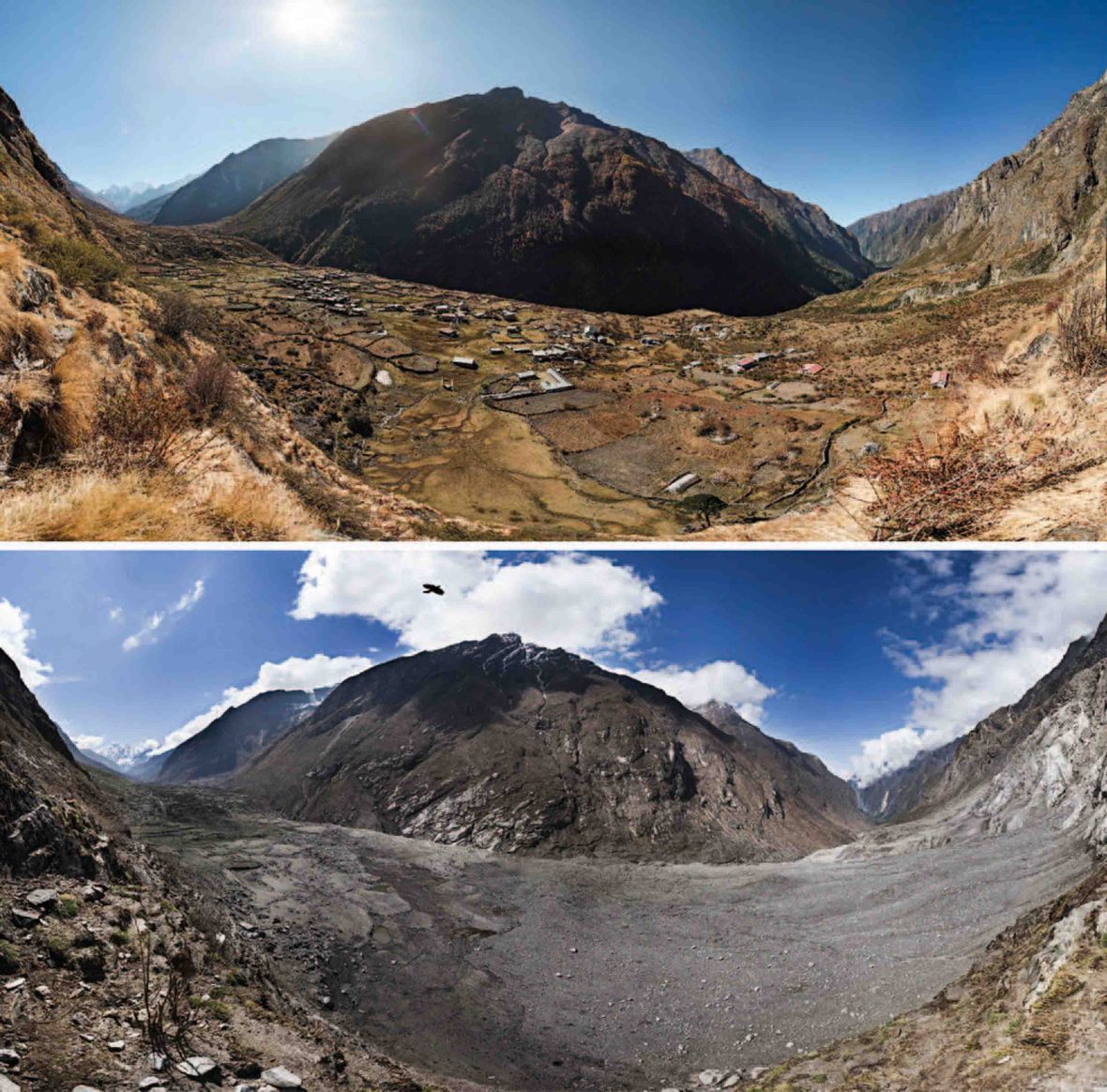 Before and after photos of Langtang valley, showing the destruction caused by the earthquake.