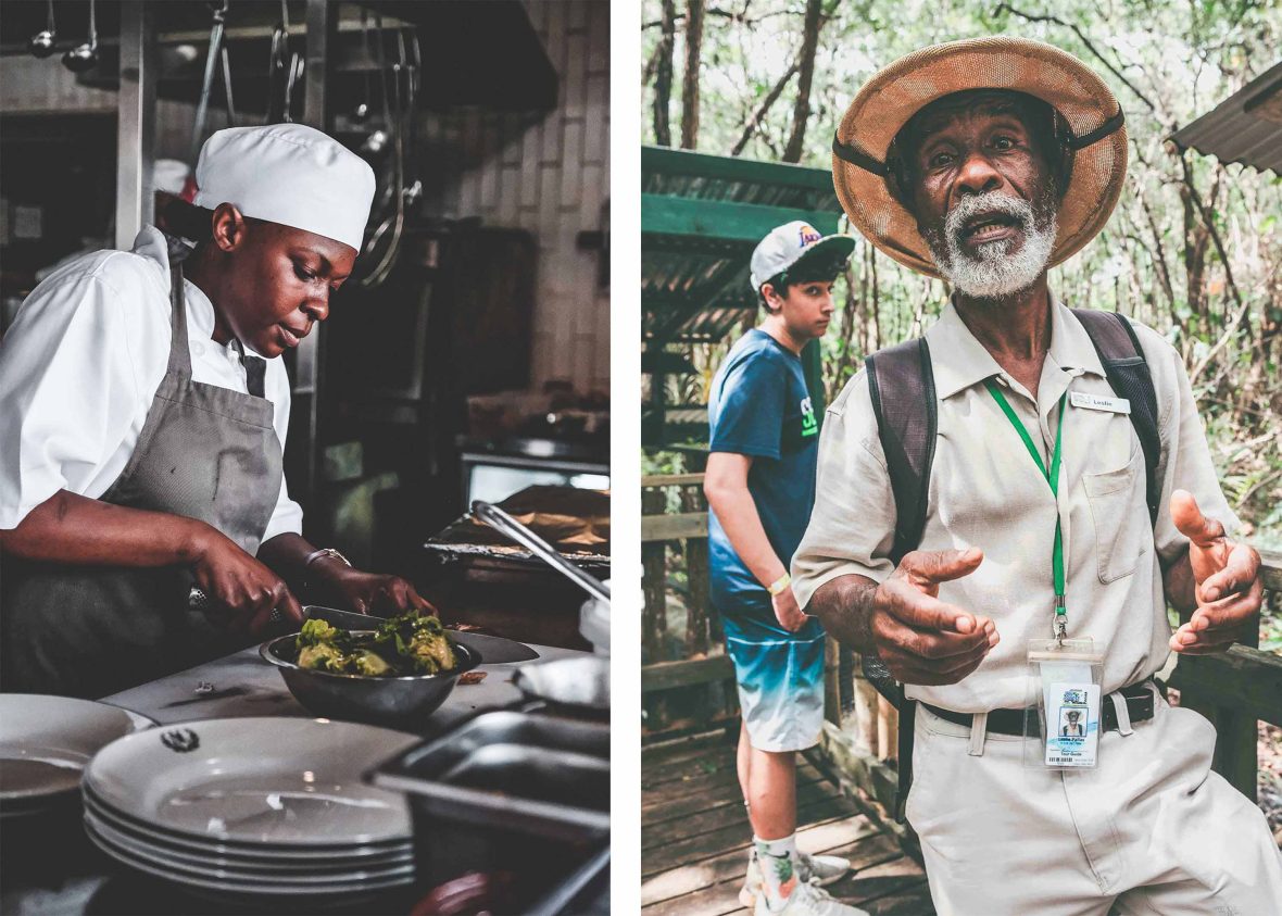 Left: A chef prepares plates of food. Right: A tour guide in conversation.