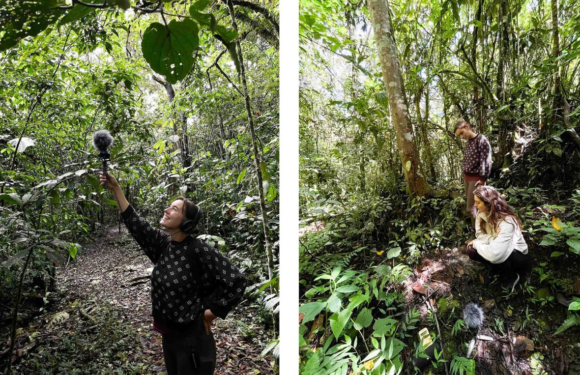 Left: A woman reaches up with microphone to listen to the sounds of the forest. Right: Two women stand and crouch in the forest to listen carefully to the noises.