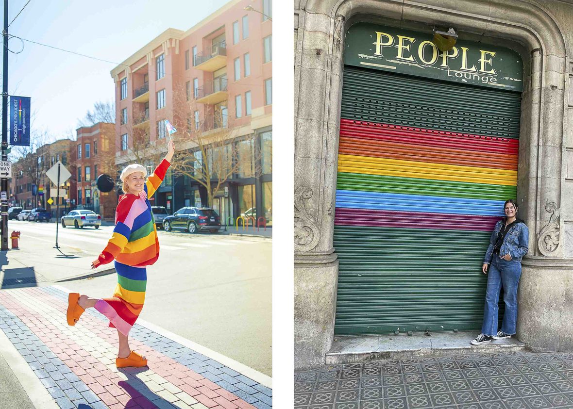 Left: Courtney wears rainbow pride colours while walking on a striped crosswalk in trans pride colors. Right: Courtney stands in front of a rainbow coloured roller door in Eixample (known locally as Gaixample because of the LGBTQ community) in Barcelona, Cataluña.