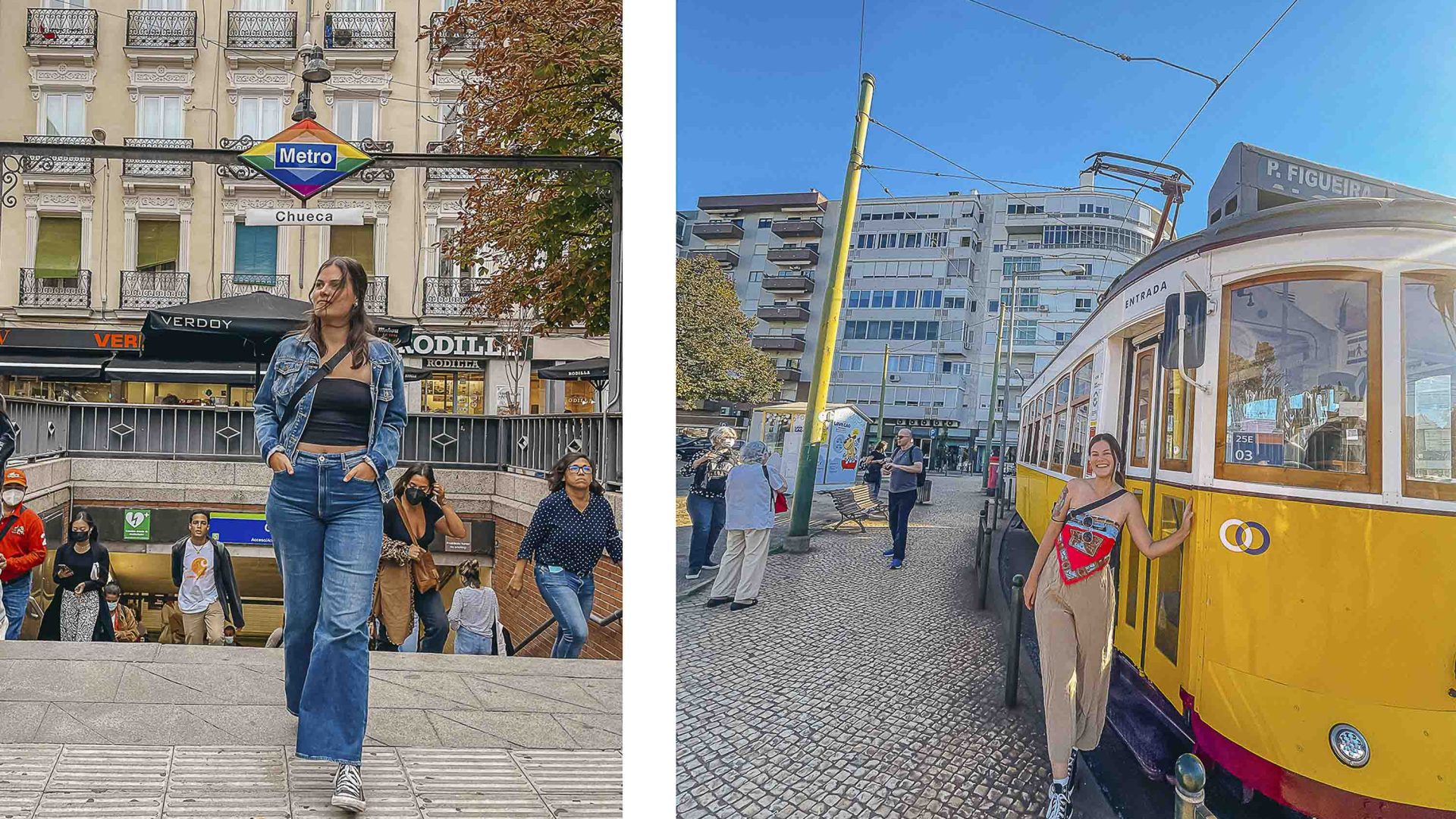 Left: Courtney leaves the metro in Chueca, Madrid, a historically gay neighbourhood. Right: Courtney in front of a yellow tram in Lisbon, Portugal.