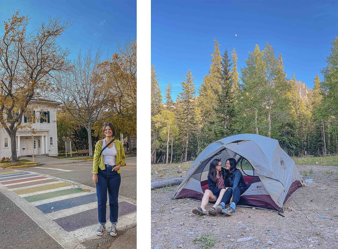Left: Courtney crosses the rainbow cross walk in Saugatuck. Right: Courtney and her partner Liz camping at Great Basin National Park.