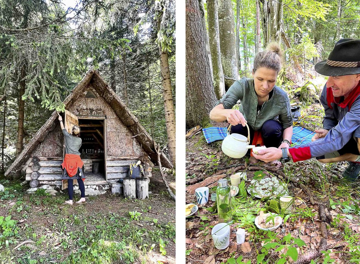 Left: A Slovenian hut in a forest made of bark. Right: Drinking tea in the forest.