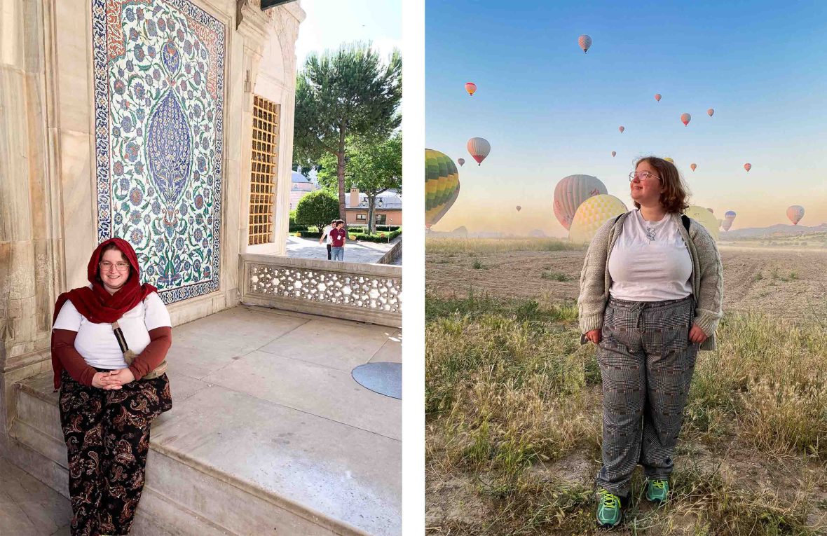 Morag in front of a mosaicked mosque and also in Cappadocia with hot air balloons around her.