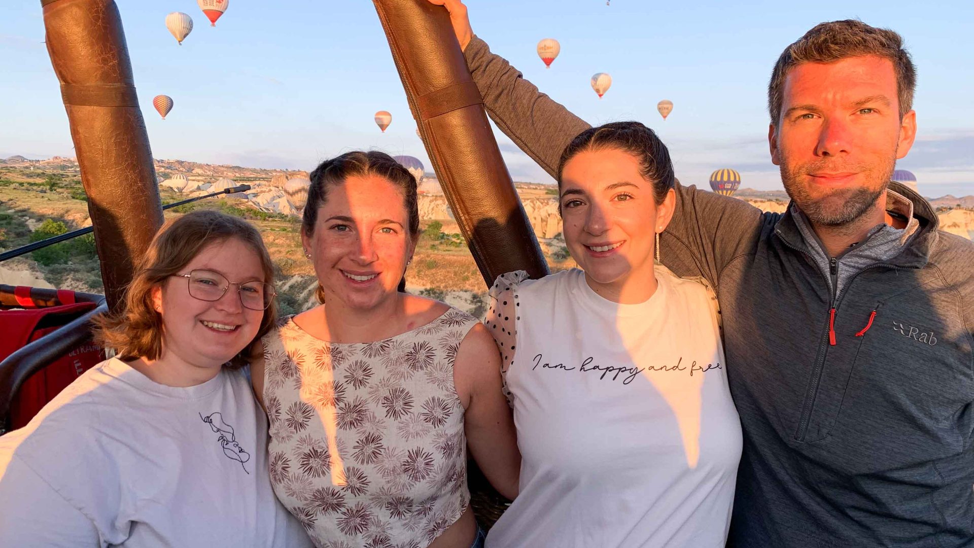 Morag with travel buddies on her Turkey trip with Intrepid. They are in the hot air balloon.