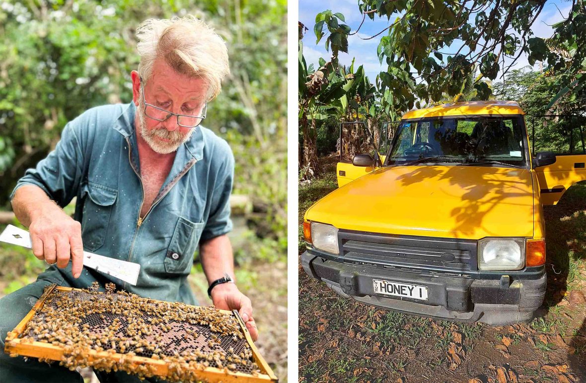 Left: Apiarist Andy Cory with a beehvive. Right: His yellow jeep with the license plate that says "Honey".
