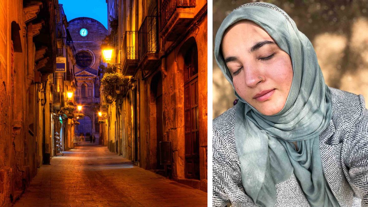 Left: A street in Alcover, Spain. Right: Tanzila with her eyes closed.