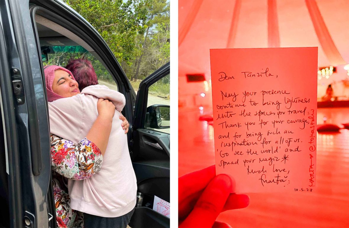 Left: Tanzila hugs someone from the retreat. Right: A letter of gratitude to Tanzila.