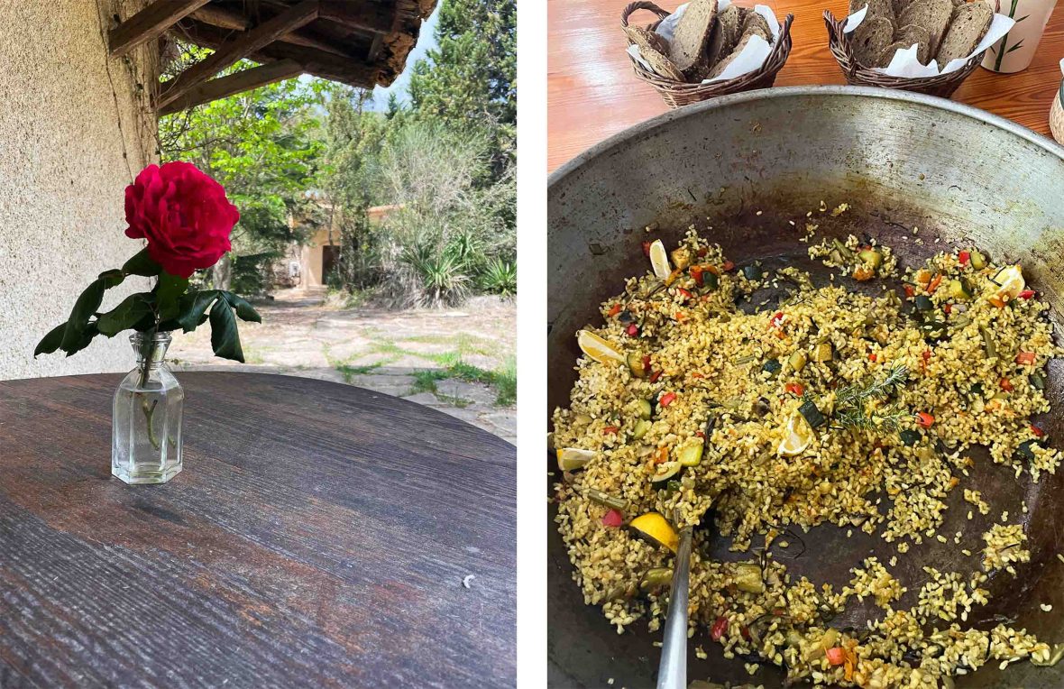Left: A flower on a table at the retreat. Right: Food at the retreat.